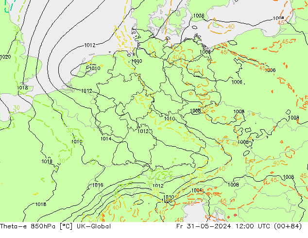 Theta-e 850hPa UK-Global Pá 31.05.2024 12 UTC