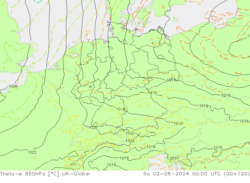 Theta-e 850hPa UK-Global Su 02.06.2024 00 UTC