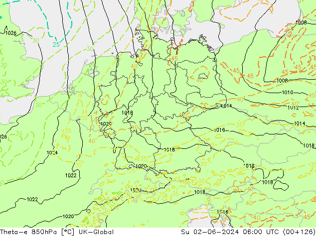 Theta-e 850hPa UK-Global dim 02.06.2024 06 UTC