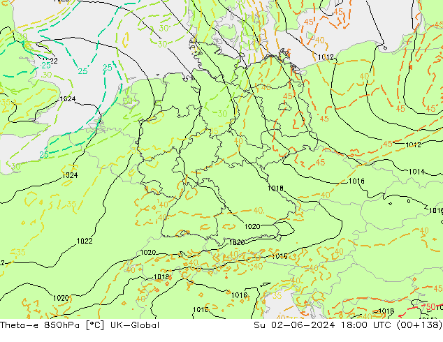 Theta-e 850hPa UK-Global Su 02.06.2024 18 UTC