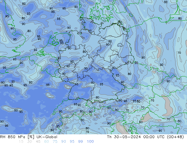 RH 850 hPa UK-Global Do 30.05.2024 00 UTC