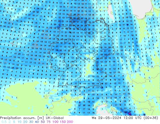 Precipitation accum. UK-Global ср 29.05.2024 12 UTC