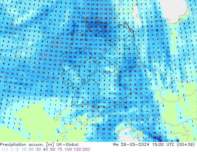 Precipitation accum. UK-Global We 29.05.2024 15 UTC