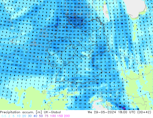 Précipitation accum. UK-Global mer 29.05.2024 18 UTC