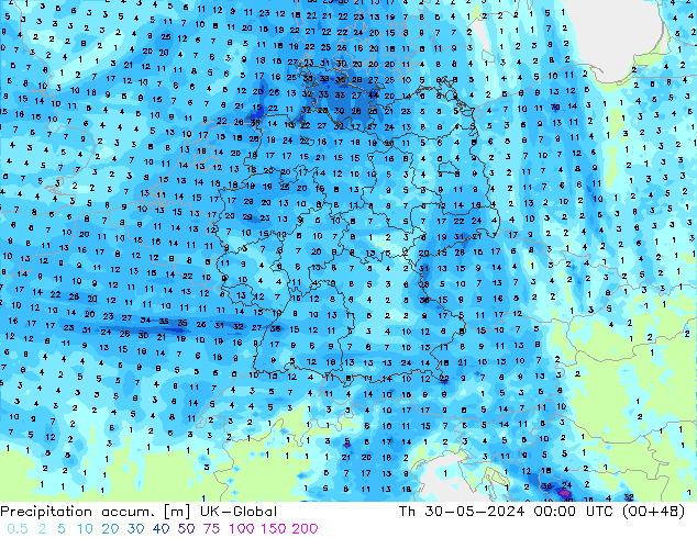 Precipitation accum. UK-Global Th 30.05.2024 00 UTC