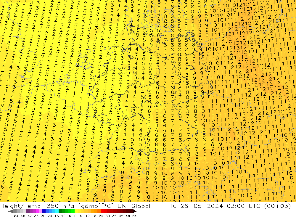 Hoogte/Temp. 850 hPa UK-Global di 28.05.2024 03 UTC