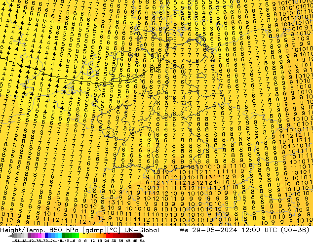 Yükseklik/Sıc. 850 hPa UK-Global Çar 29.05.2024 12 UTC