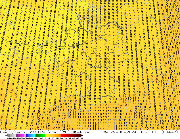 Geop./Temp. 850 hPa UK-Global mié 29.05.2024 18 UTC