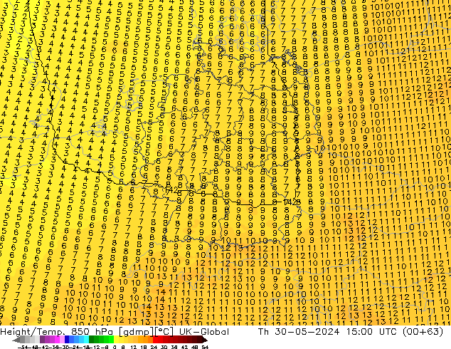 Height/Temp. 850 hPa UK-Global Qui 30.05.2024 15 UTC