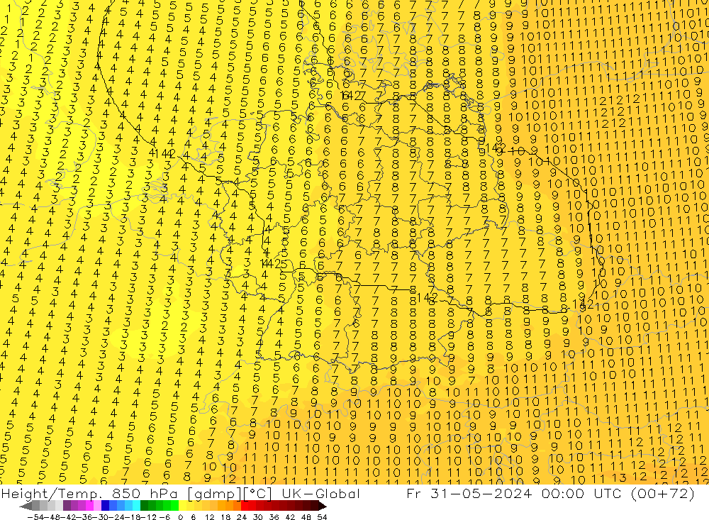 Height/Temp. 850 hPa UK-Global ven 31.05.2024 00 UTC