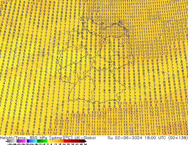 Hoogte/Temp. 850 hPa UK-Global zo 02.06.2024 18 UTC