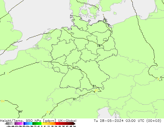 Height/Temp. 950 гПа UK-Global вт 28.05.2024 03 UTC