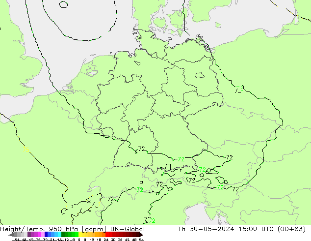 Height/Temp. 950 hPa UK-Global Qui 30.05.2024 15 UTC