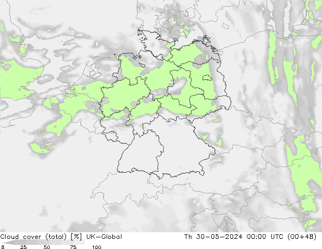 Cloud cover (total) UK-Global Th 30.05.2024 00 UTC