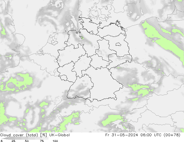 Bewolking (Totaal) UK-Global vr 31.05.2024 06 UTC