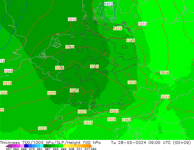 Thck 700-1000 hPa UK-Global Tu 28.05.2024 09 UTC