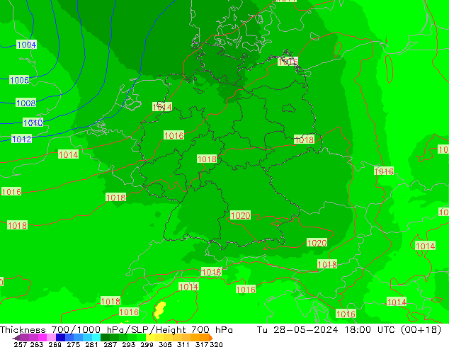 Espesor 700-1000 hPa UK-Global mar 28.05.2024 18 UTC