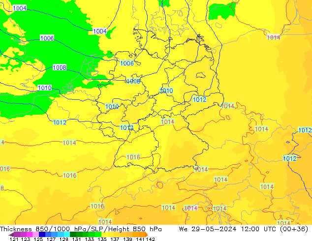 Espesor 850-1000 hPa UK-Global mié 29.05.2024 12 UTC