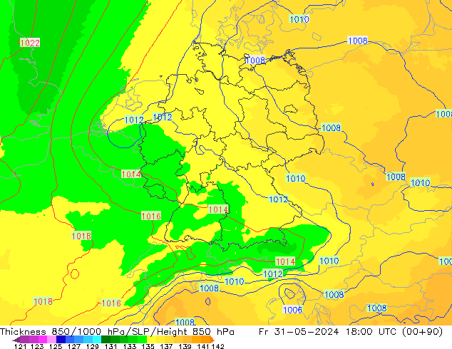 Schichtdicke 850-1000 hPa UK-Global Fr 31.05.2024 18 UTC