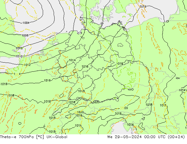 Theta-e 700hPa UK-Global We 29.05.2024 00 UTC