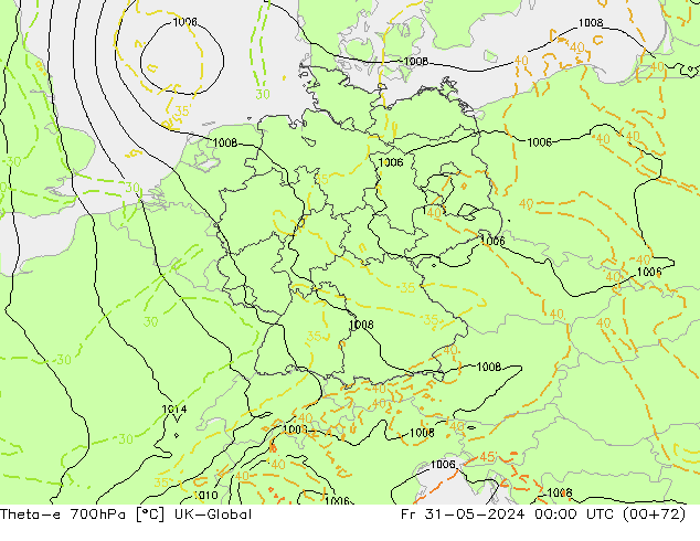 Theta-e 700hPa UK-Global Fr 31.05.2024 00 UTC