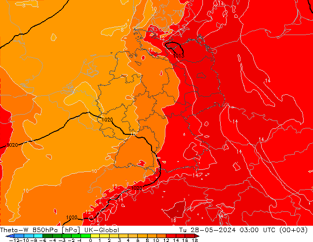 Theta-W 850hPa UK-Global Di 28.05.2024 03 UTC