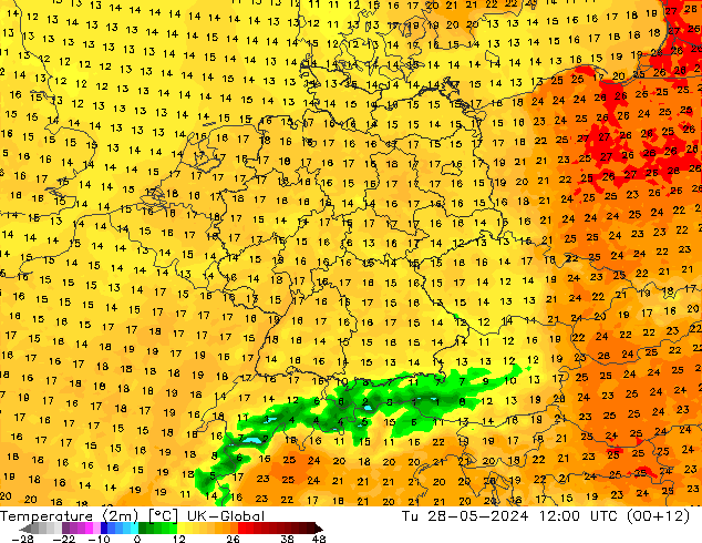 Temperature (2m) UK-Global Út 28.05.2024 12 UTC