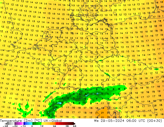 température (2m) UK-Global mer 29.05.2024 06 UTC