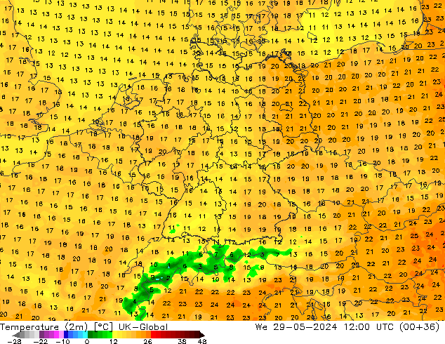 Temperature (2m) UK-Global We 29.05.2024 12 UTC