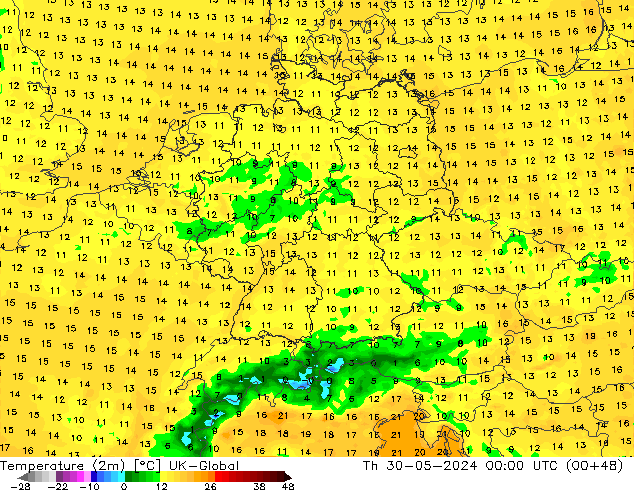 Temperature (2m) UK-Global Th 30.05.2024 00 UTC