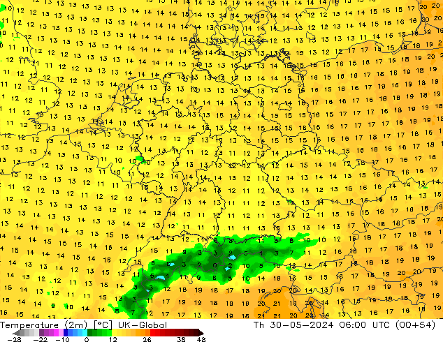 Temperature (2m) UK-Global Th 30.05.2024 06 UTC