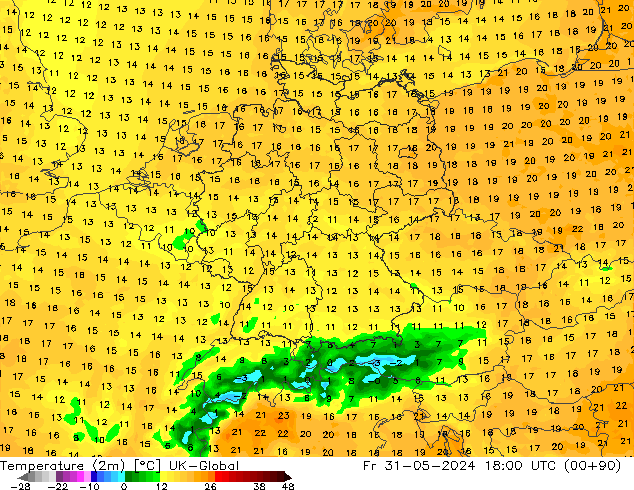 Temperatura (2m) UK-Global vie 31.05.2024 18 UTC