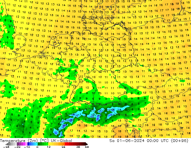 température (2m) UK-Global sam 01.06.2024 00 UTC