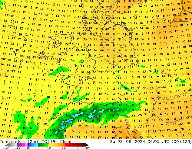 Temperatura (2m) UK-Global dom 02.06.2024 06 UTC