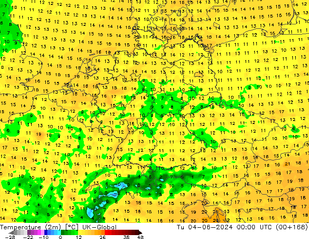 Temperature (2m) UK-Global Út 04.06.2024 00 UTC