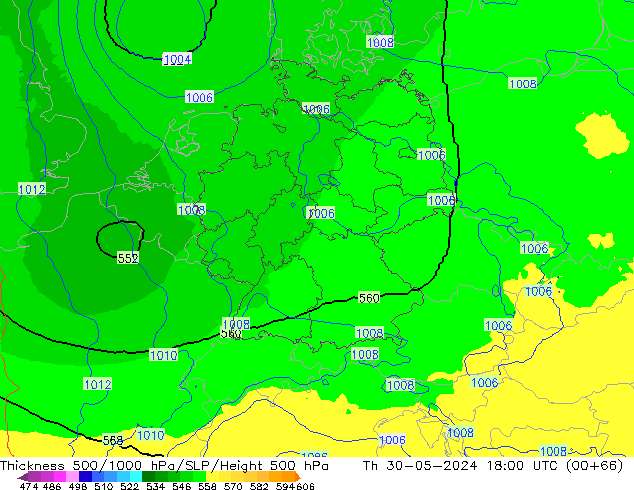 Espesor 500-1000 hPa UK-Global jue 30.05.2024 18 UTC