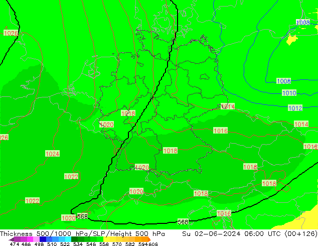 Schichtdicke 500-1000 hPa UK-Global So 02.06.2024 06 UTC