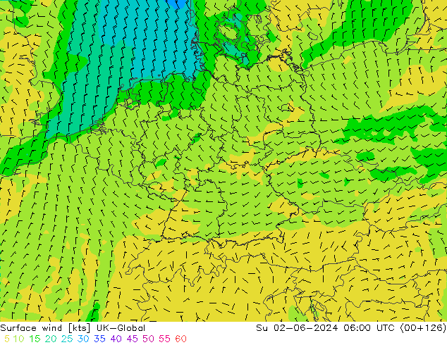 Surface wind UK-Global Su 02.06.2024 06 UTC