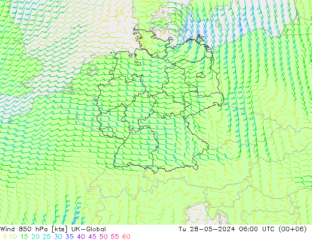 Wind 850 hPa UK-Global Tu 28.05.2024 06 UTC