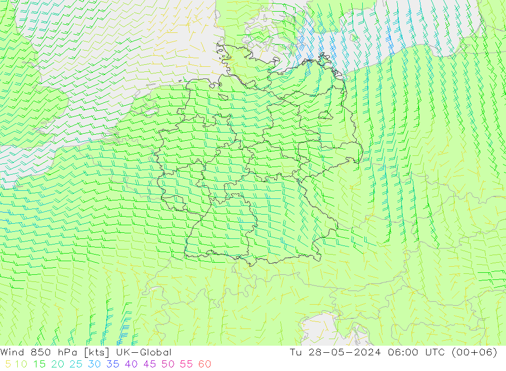 风 850 hPa UK-Global 星期二 28.05.2024 06 UTC
