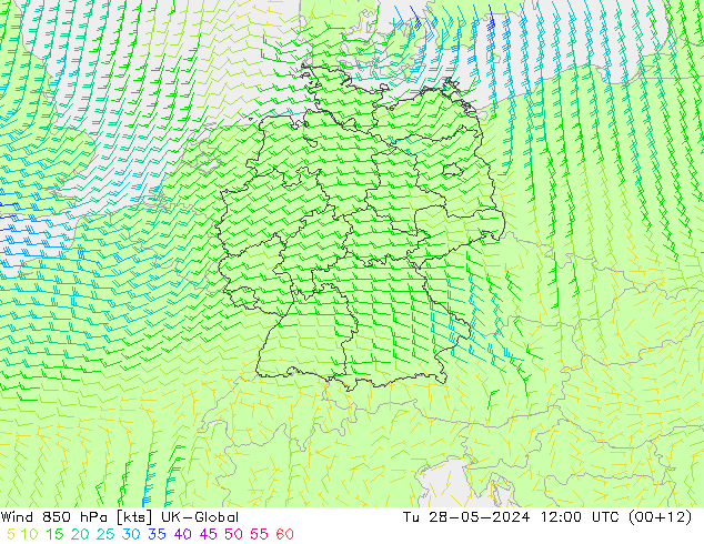 Wind 850 hPa UK-Global Tu 28.05.2024 12 UTC