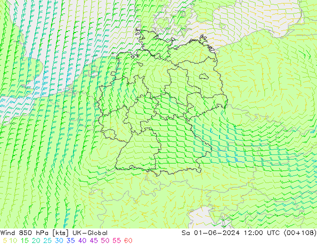 Viento 850 hPa UK-Global sáb 01.06.2024 12 UTC