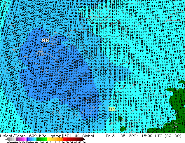 Height/Temp. 500 hPa UK-Global Fr 31.05.2024 18 UTC
