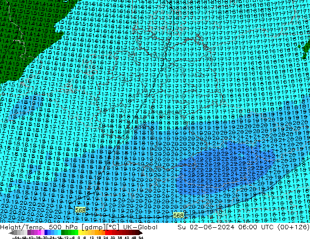 Height/Temp. 500 hPa UK-Global Su 02.06.2024 06 UTC