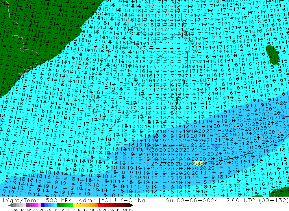 Height/Temp. 500 hPa UK-Global Su 02.06.2024 12 UTC