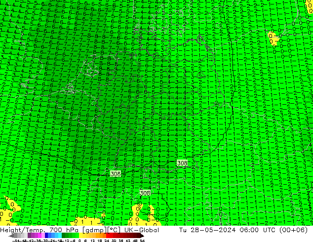 Height/Temp. 700 hPa UK-Global Tu 28.05.2024 06 UTC