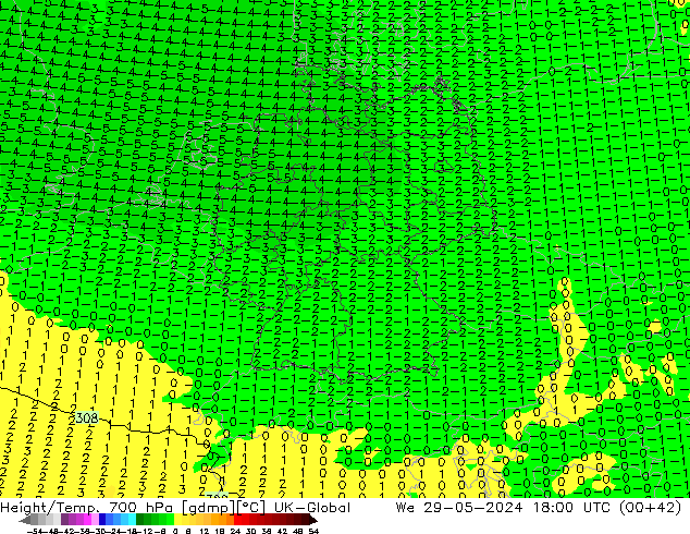 Height/Temp. 700 hPa UK-Global mer 29.05.2024 18 UTC