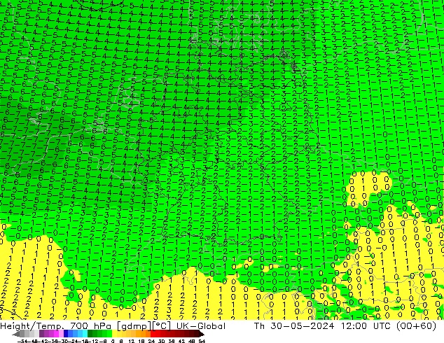 Height/Temp. 700 hPa UK-Global czw. 30.05.2024 12 UTC