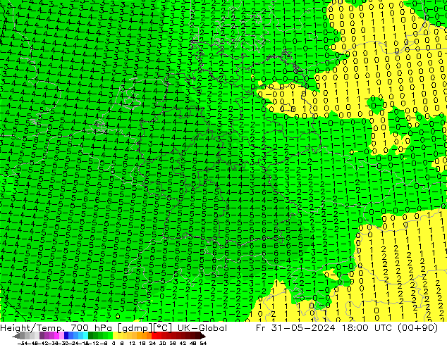 Height/Temp. 700 гПа UK-Global пт 31.05.2024 18 UTC