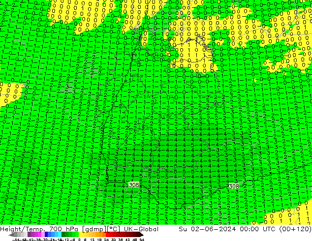 Hoogte/Temp. 700 hPa UK-Global zo 02.06.2024 00 UTC
